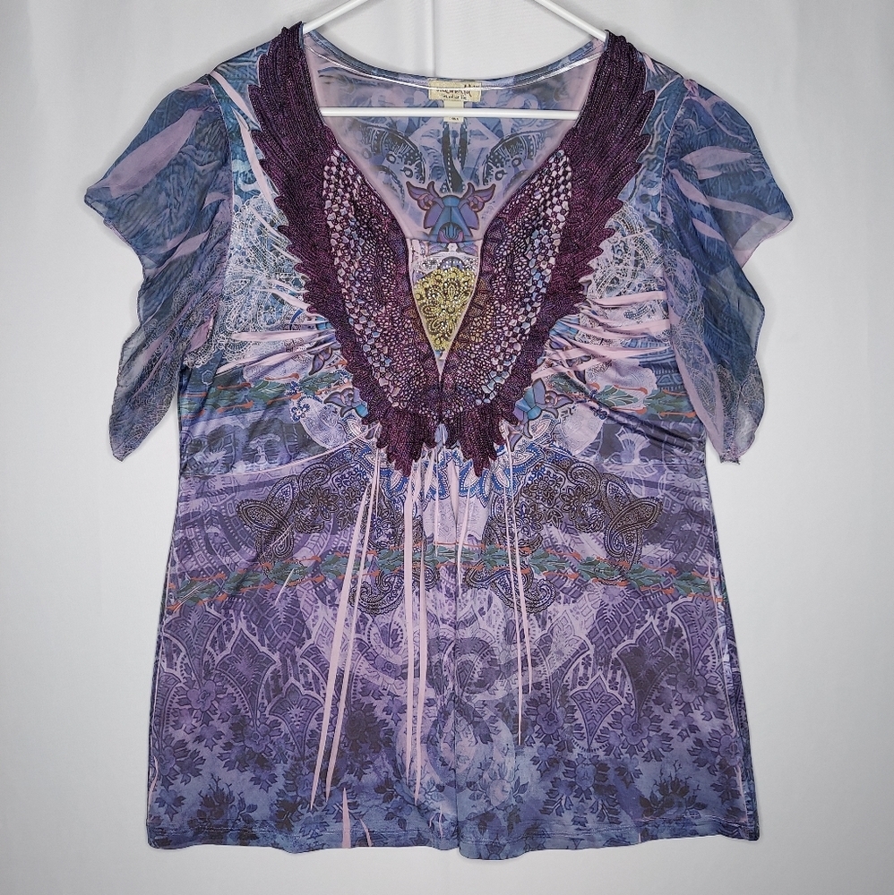 One World Top Women 1X Purple Lace Butterfly Flutter Sequin Fairycore Whimsigoth